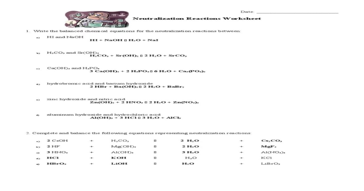 Neutralization reactions worksheet answer key